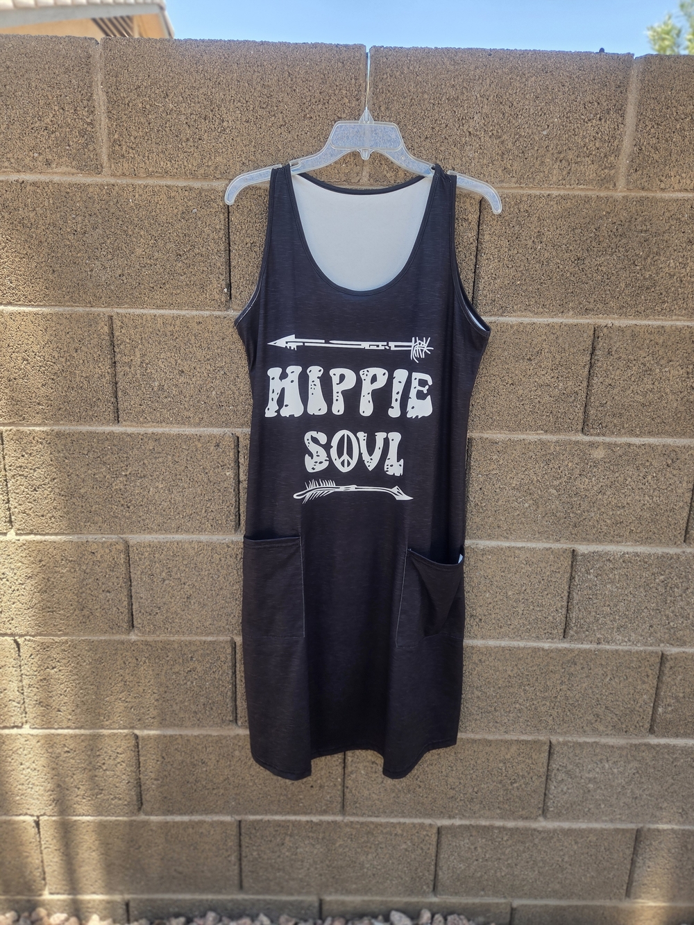 Hippie Soul Graphic Tank Dress - Black with White Print With Deep Front Pockets.